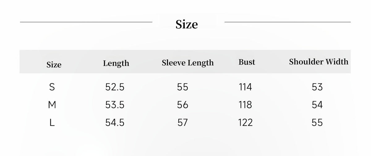 Size chart for clothing with measurements in centimeters