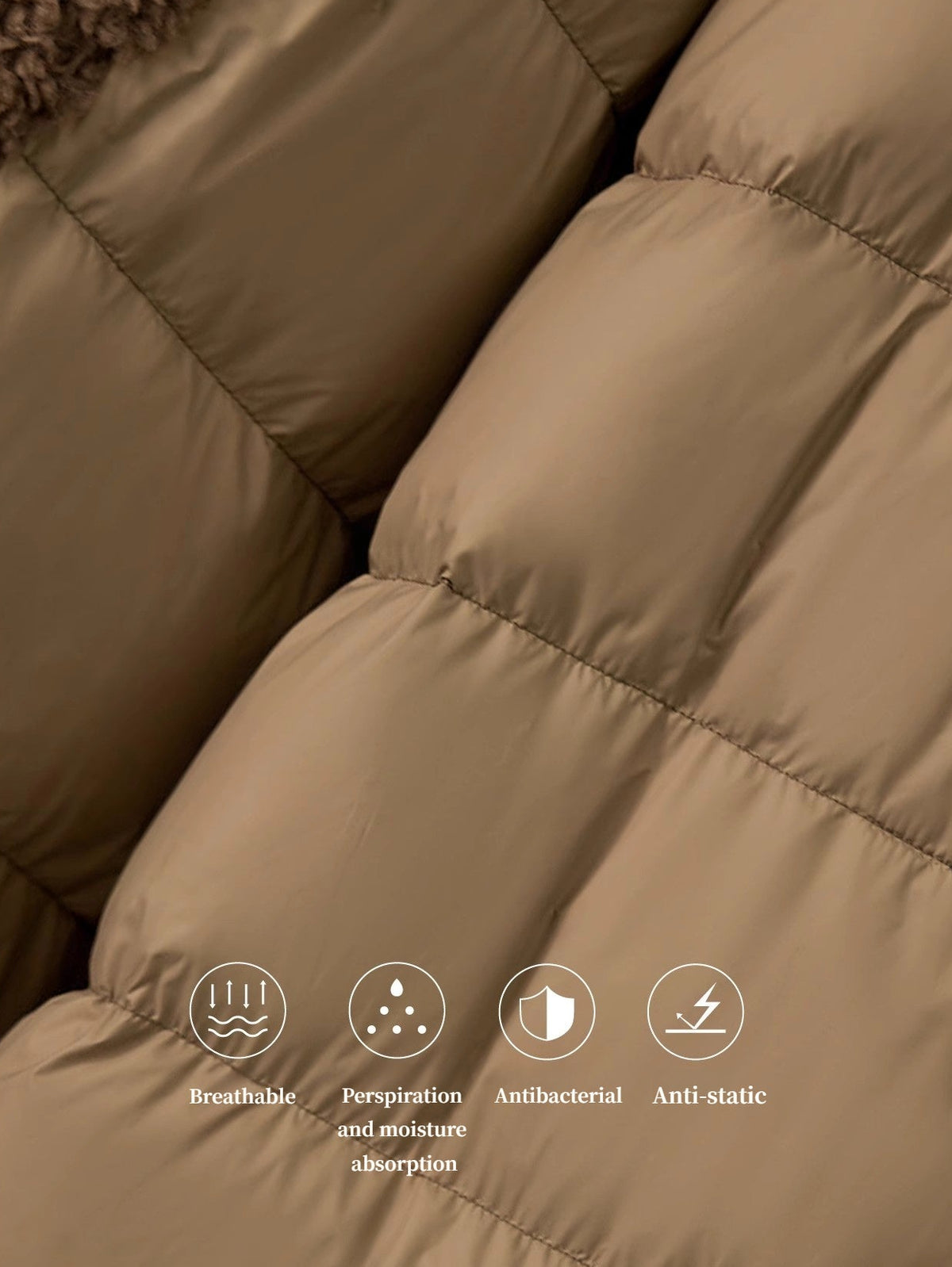 Brown puffer jacket with text icons indicating features on a white background