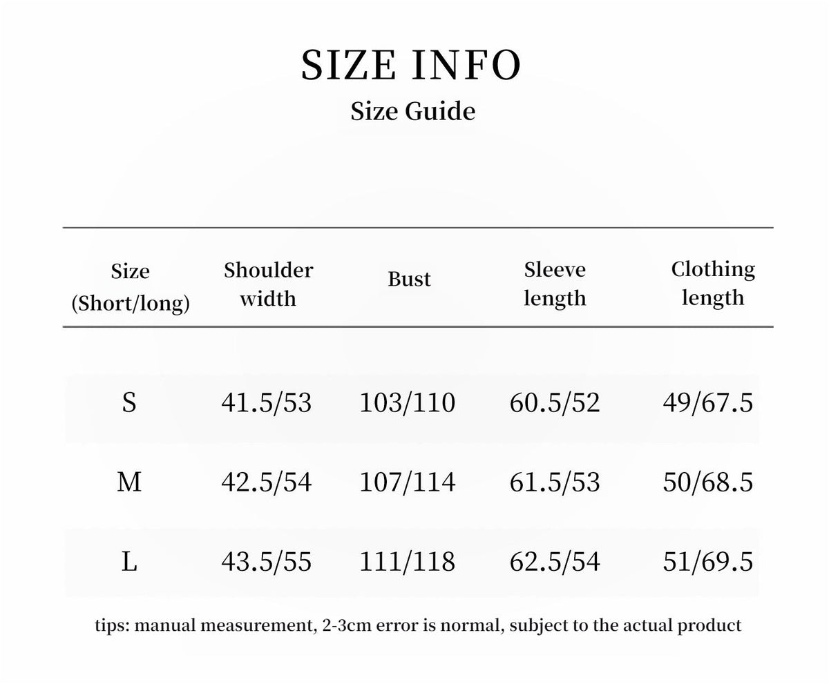 Size guide chart for clothing with measurements in centimeters