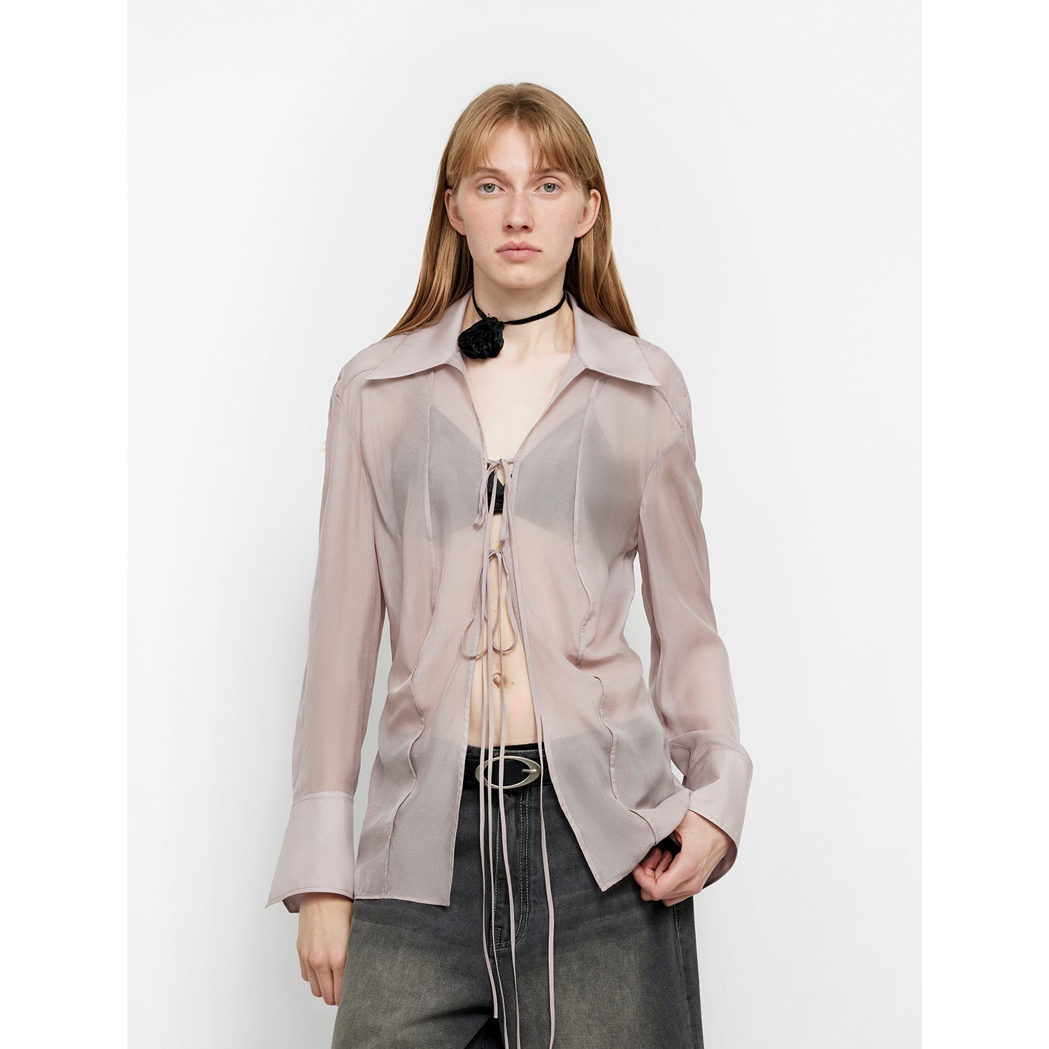 Silk Chiffon Lace-Up Shirt