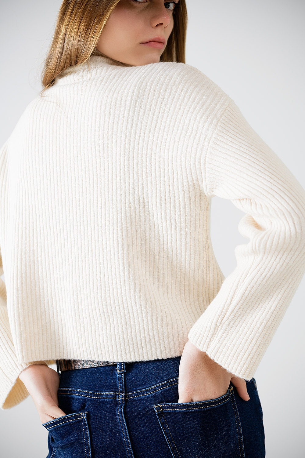 Relaxed Cream Ribbed High Neck Sweater