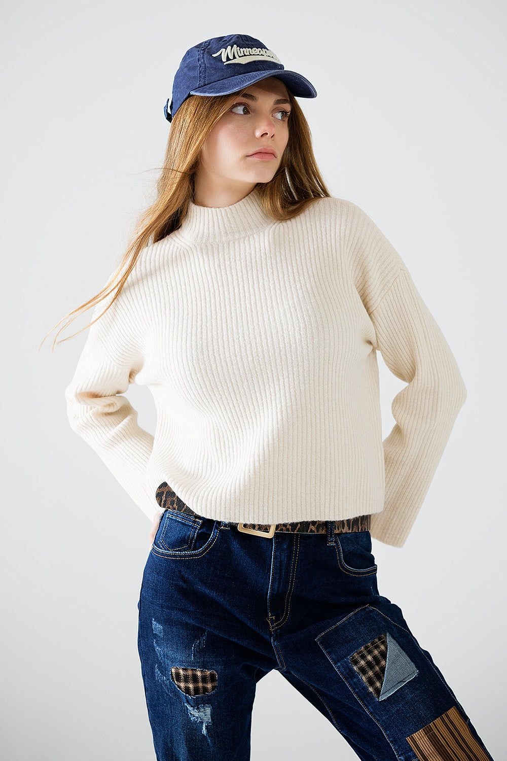 Relaxed Cream Ribbed High Neck Sweater